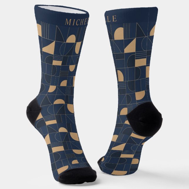 Custom Dark Navy Blue Yellow Geometric Pattern Socks (Angled)