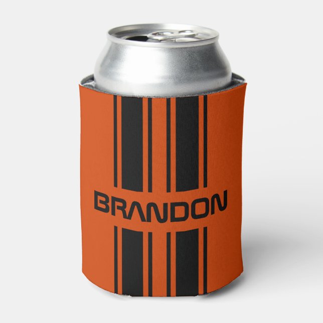 Custom Dark Orange Black Auto Race Sport Stripe Can Cooler (Can Front)