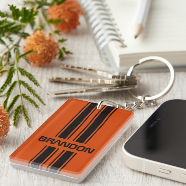 Custom Dark Orange Black Auto Race Sport Stripe Keychain (Front Right)