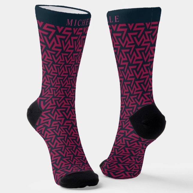 Custom Dark Pink Purple Black Geometric Pattern Socks (Angled)