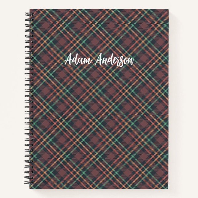 Custom Dark Plaid Pattern Monogram Notebook (Front)