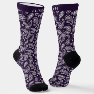 Custom Dark Purple Violet White Paisley Pattern Socks