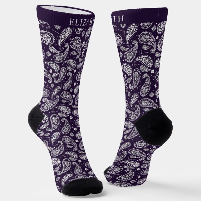 Custom Dark Purple Violet White Paisley Pattern Socks (Angled)