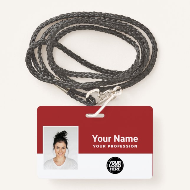 Custom dark red Employee Logo Name Photo Lanyard Badge (Front with Lanyard)