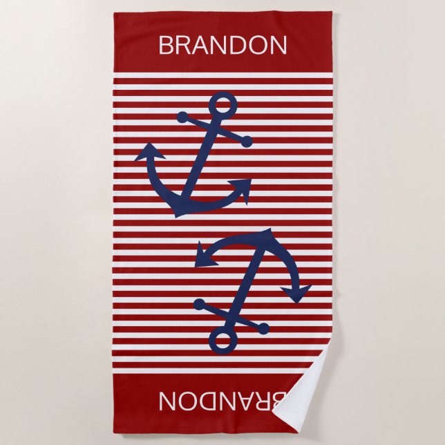 Custom Dark Red White Preppy Stripes Pattern Beach Towel (Front)
