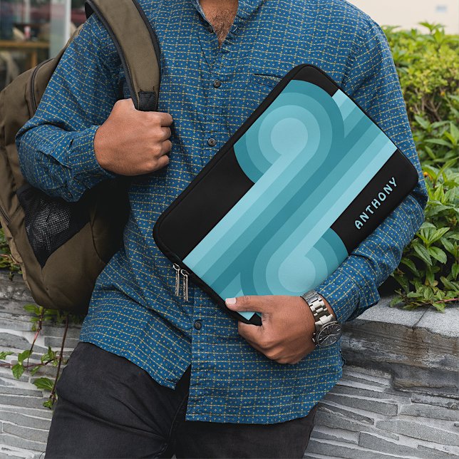 Custom Dark Teal Blue Aqua Black Retro Pattern Laptop Sleeve (Creator Uploaded)