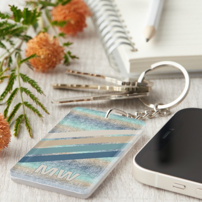 Custom Dark Teal Blue Brown Retro Stripes Keychain (Front Right)