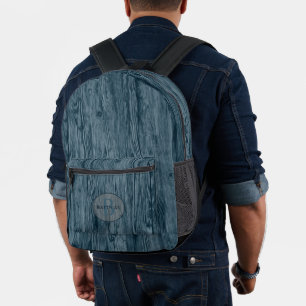 Custom Dark Teal Blue Woodgrain Pattern Printed Backpack