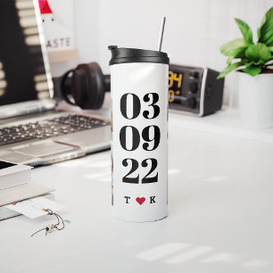 Custom Date 4 Photo Collage Initials Modern Gift Thermal Tumbler