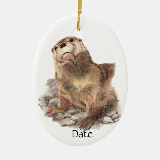 Custom Date Cute River Otter, Nature Animal Ceramic Ornament (Front)