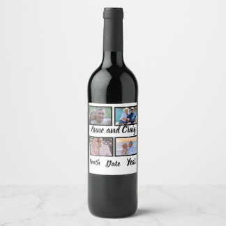 Custom Date Wedding Anniversary 4 Photo Collage Wine Label