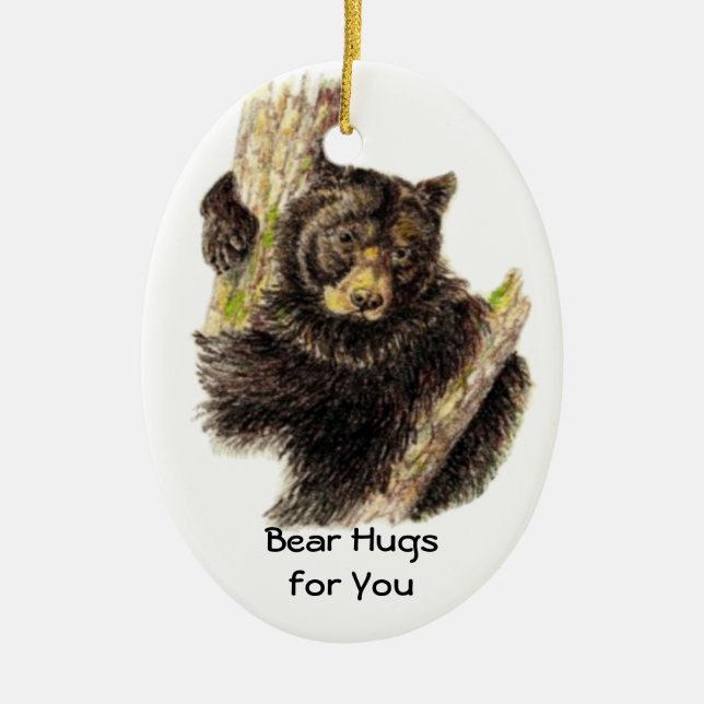 Custom Dated  Bear Hugs to You Black Bear Animal Ceramic Ornament (Front)