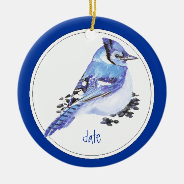 Custom Dated Blue Jay Bird Animal Ceramic Ornament (Front)