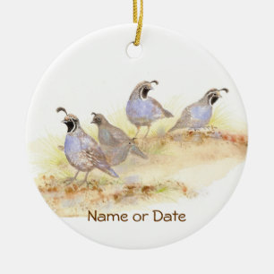 Custom Dated, California Quail, Watercolor Bird Ceramic Ornament