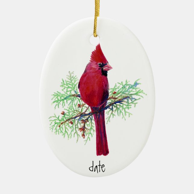 Custom Dated Cardinal Bird Nature Ceramic Ornament (Front)