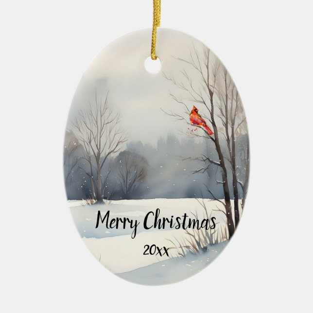 Custom Dated Cardinal Red Bird Christmas  Ceramic Ornament (Front)