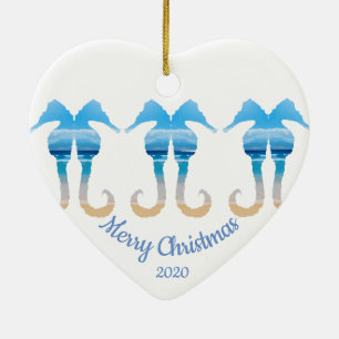 Custom Dated Christmas Beach Scene Sea Horses Ceramic Ornament
