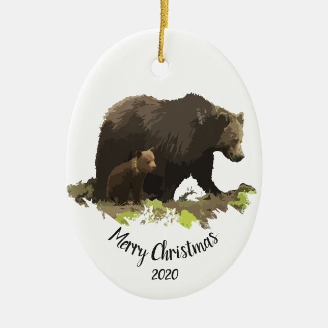 Custom Dated Christmas Bear Family Cub Animal art Ceramic Ornament (Front)