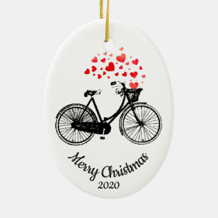 Custom Dated Christmas Bike Love Hearts Ceramic Ornament