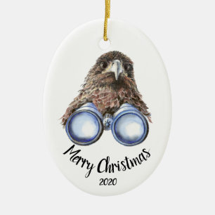 Custom Dated Christmas Bird-Watcher Hawk Fun Ceramic Ornament