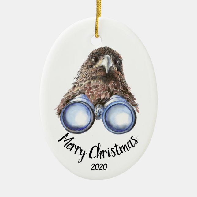 Custom Dated Christmas Bird-Watcher Hawk Fun Ceramic Ornament (Front)