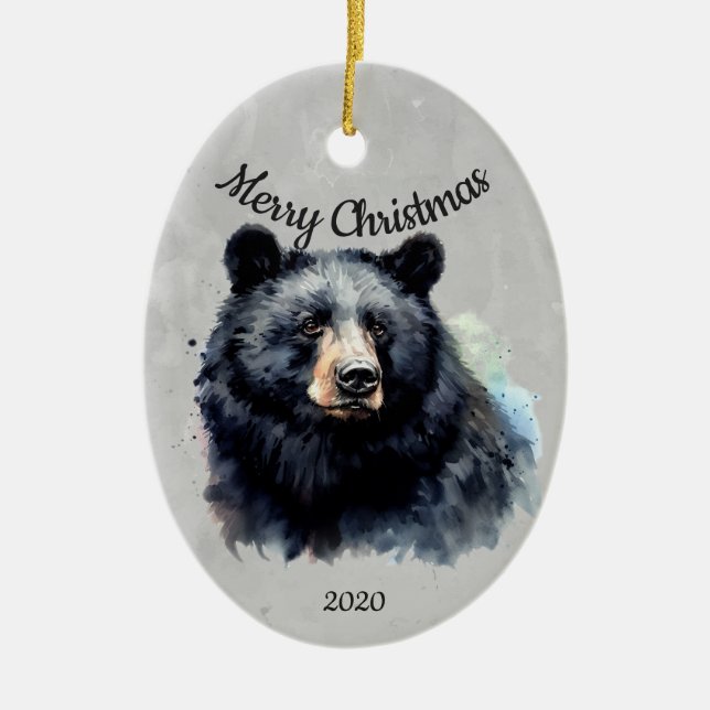 Custom Dated Christmas Black Bear Animal Ceramic Ornament (Front)