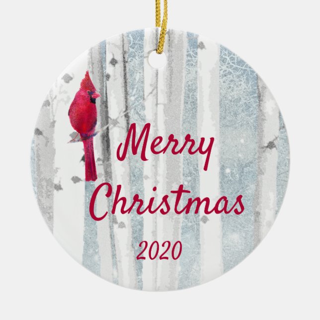 Custom Dated Christmas Cardinal Bird Birch Tree Ceramic Ornament (Front)