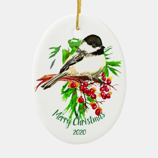 Custom Dated Christmas Chickadee Bird Red Berries Ceramic Ornament (Front)