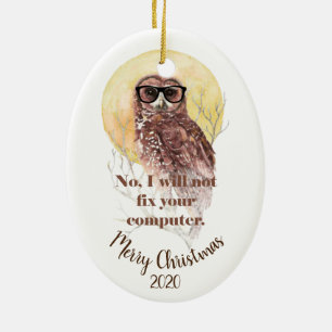 Custom Dated Christmas Computer Geek Fun Owl Ceramic Ornament