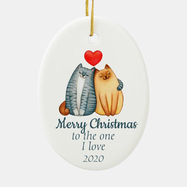 Custom Dated Christmas Cute Cats One I Love Ceramic Ornament (Back)