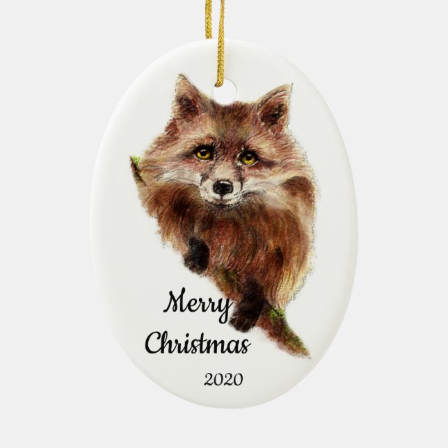 Custom Dated Christmas Cute Red Fox Animal Ceramic Ornament (Back)