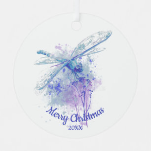 Custom Dated Christmas Dragonfly Watercolor art Metal Ornament