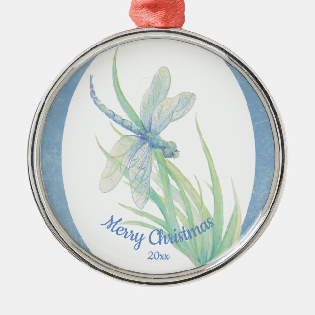 Custom Dated Christmas Dragonfly Watercolor art  Metal Ornament (Front)
