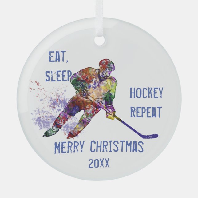 Custom Dated Christmas Eat Sleep Hockey Repeat Fun Glass Ornament (Front)