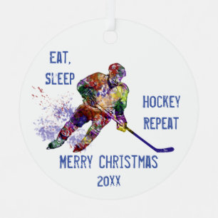 Custom Dated Christmas Eat Sleep Hockey Repeat Fun Metal Ornament
