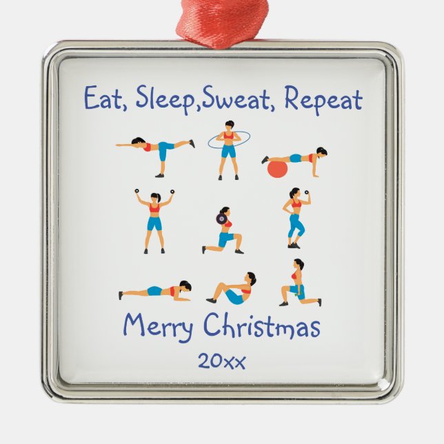 Custom Dated Christmas Eat Sleep Sweat Repeat Metal Ornament (Front)