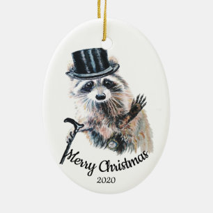 Custom Dated Christmas Formal Raccoon Fun Ceramic Ornament
