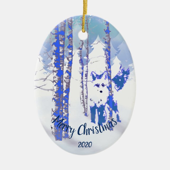Custom Dated Christmas Fox in Birch Tree Forest Ceramic Ornament (Front)
