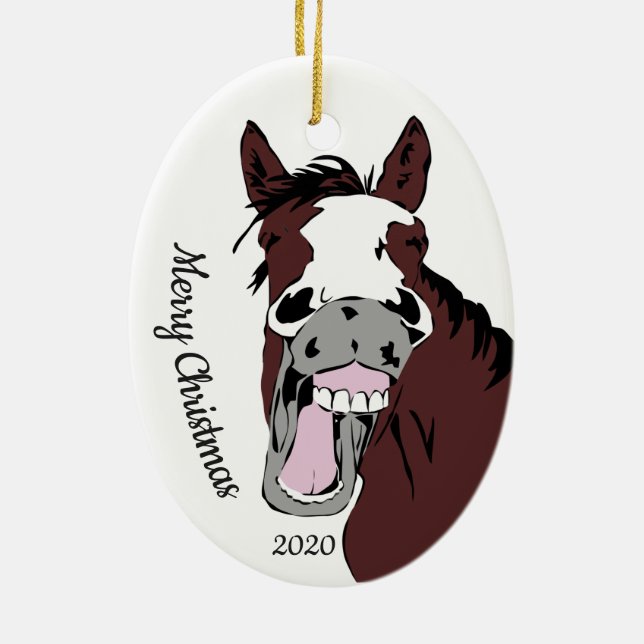 Custom Dated Christmas Fun Horse Cartoon Animal Ceramic Ornament (Back)