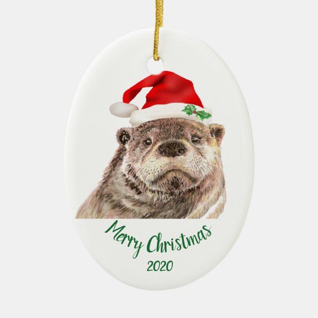 Custom Dated Christmas Fun Otter Santa Hat Animal Ceramic Ornament (Front)