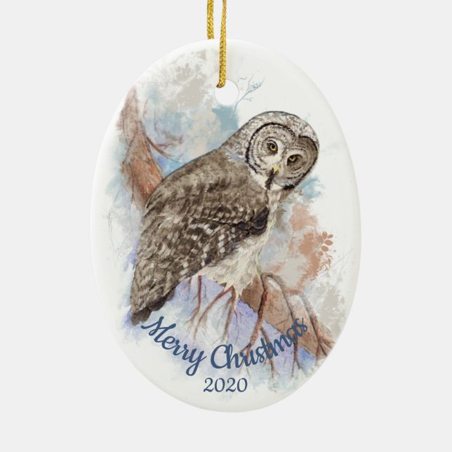 Custom Dated Christmas Great Grey Owl Bird Ceramic Ornament (Back)