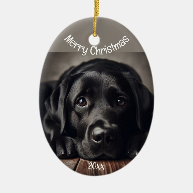 Custom Dated Christmas  Labrador Retriever Ceramic Ornament (Front)