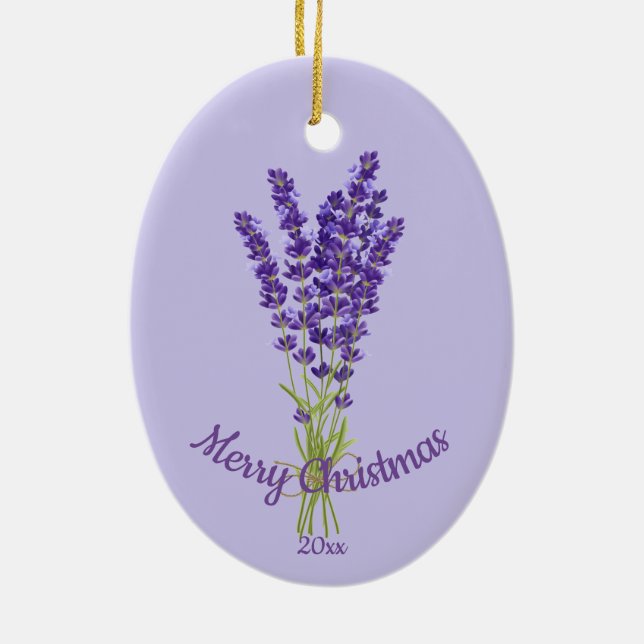 Custom Dated Christmas Lavender Garden Flowers Ceramic Ornament (Back)
