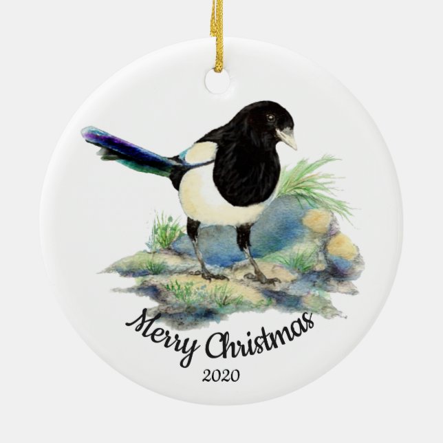 Custom Dated Christmas Magpie Garden Bird Ceramic Ornament (Back)