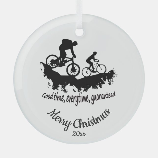 Custom Dated Christmas Mountain Biking Quote  Meta Glass Ornament (Front)