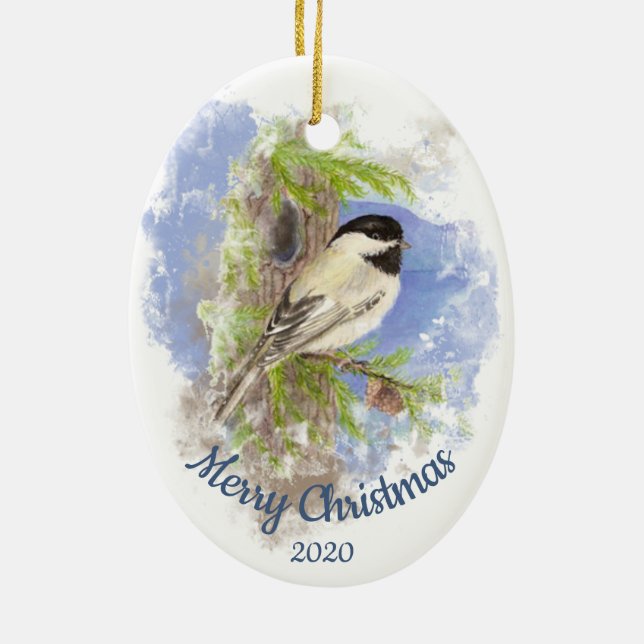 Custom Dated Christmas Mountain Chickadee Bird Ceramic Ornament (Back)