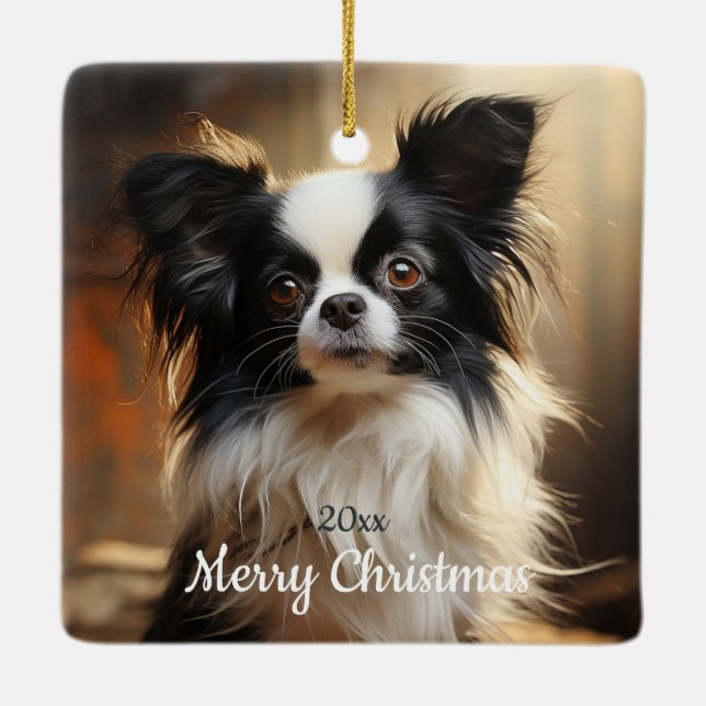 Custom Dated Christmas Papillon Dog Pet Animal Ceramic Ornament (Back)