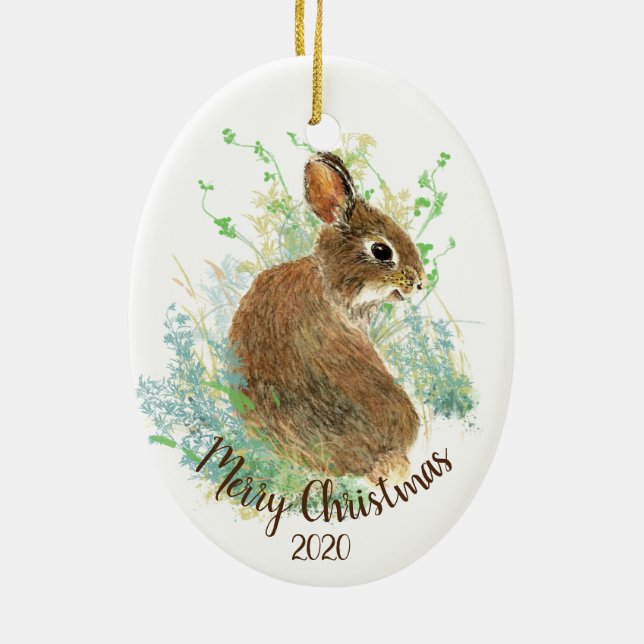 Custom Dated Christmas Plant Cute Bunny Rabbit Ceramic Ornament (Back)