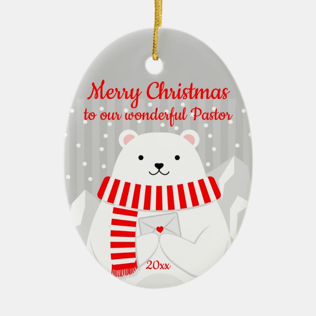 Custom Dated Christmas Polar Bear Cute Our Pastor Ceramic Ornament (Front)