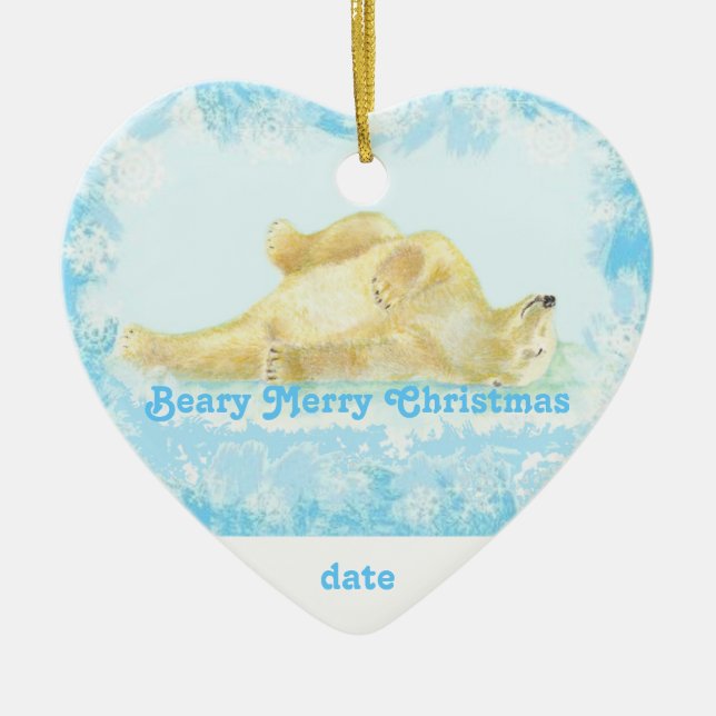Custom Dated Christmas Polar Bear Fun Ceramic Ornament (Front)